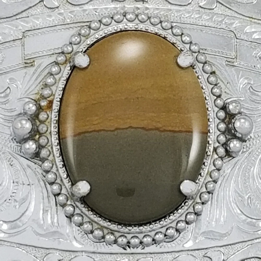 Vintage Western Silver Tone Floral Engraved Belt Buckle‎ with Brown Jasper Stone